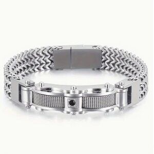 Stainless Steel Bracelet with Sparkling Accents - Rock-Inspired Braided Chain